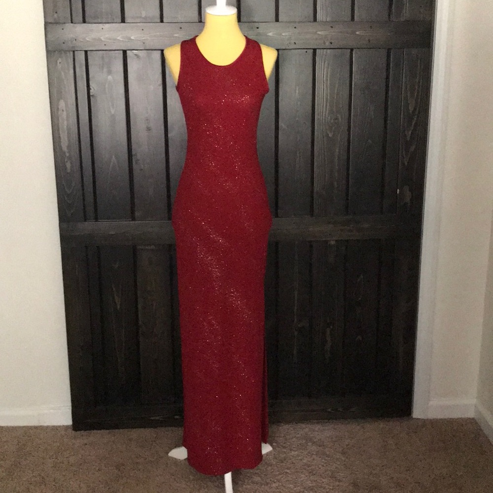 Long red gown with gold sparkles